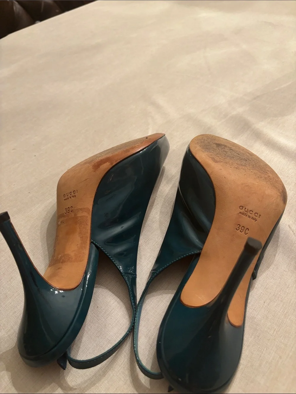 Gucci Teal Patent Peep-Toe Slingback Heels - Picture 7 of 8